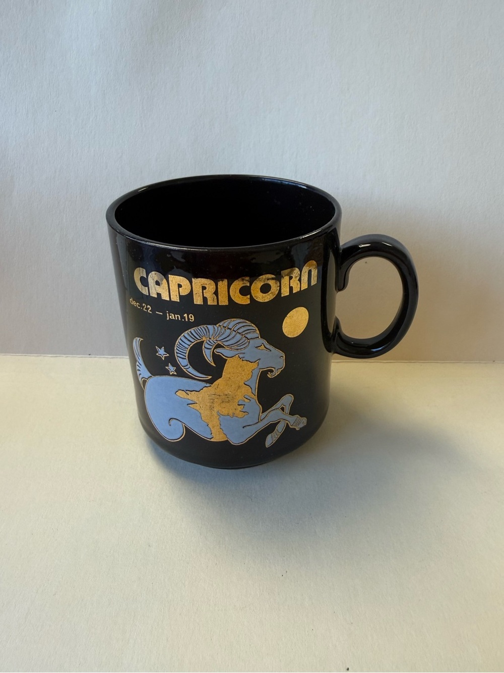 Vintage Black Ceramic Capricorn Zodiac with Gold & Blue Graphic Cup Mug.